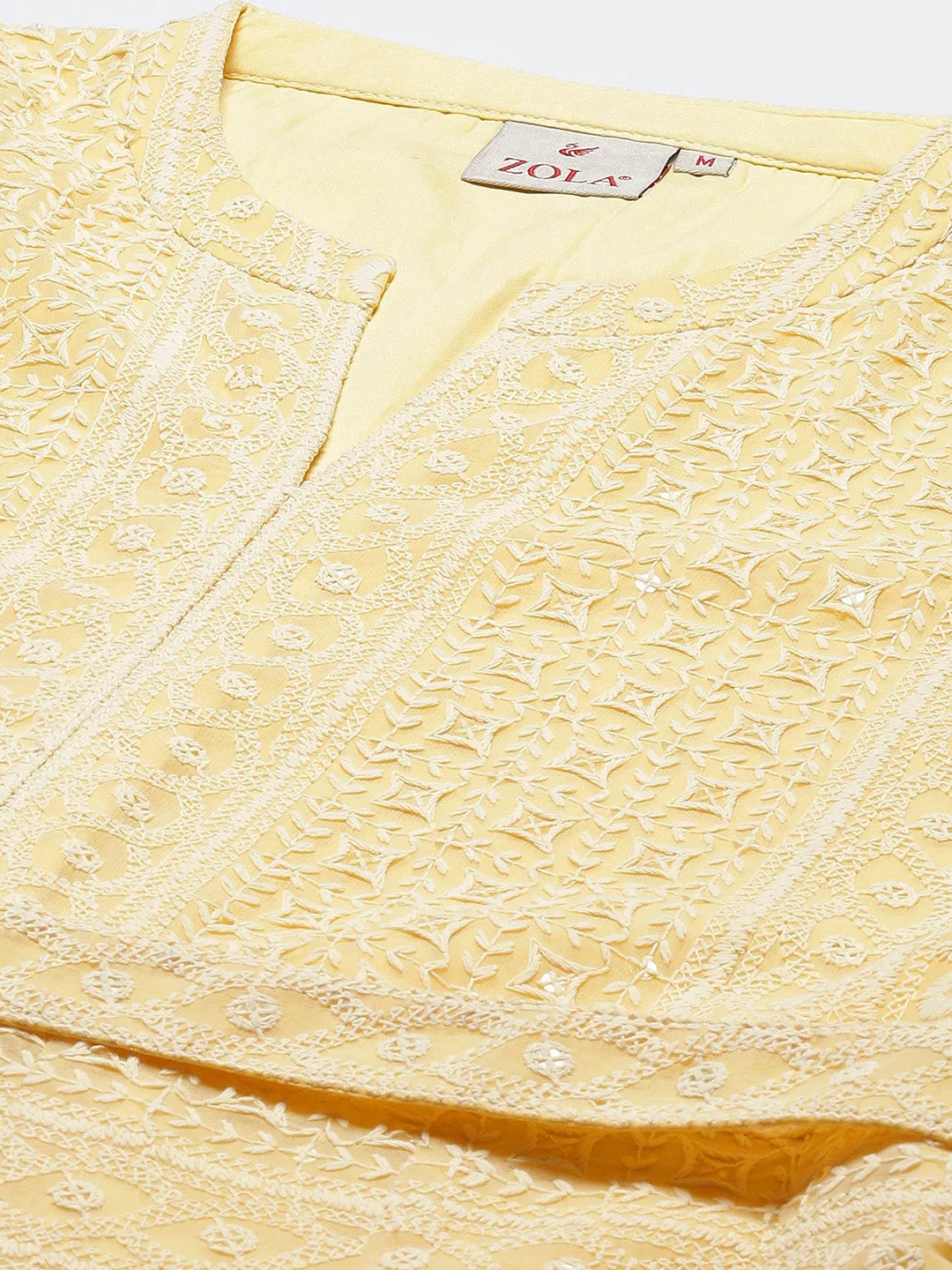 ZOLA  Mandarin Collar Georgette All Over Chikankari Embroidery Yellow Flared Dress For Women