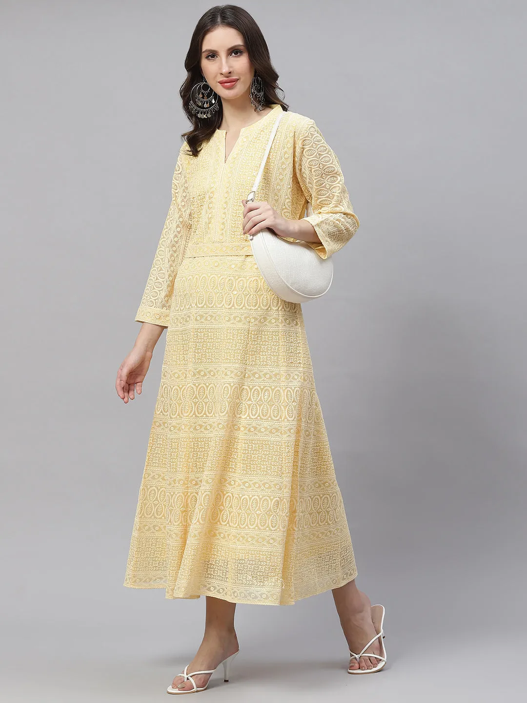 ZOLA  Mandarin Collar Georgette All Over Chikankari Embroidery Yellow Flared Dress For Women
