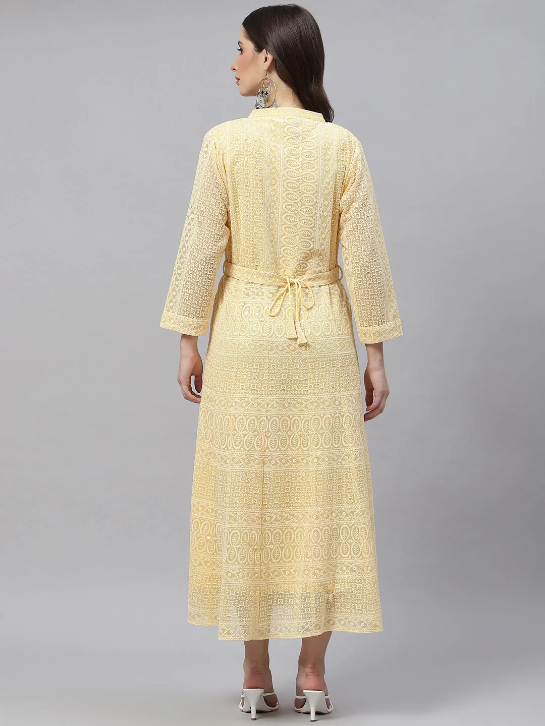 ZOLA  Mandarin Collar Georgette All Over Chikankari Embroidery Yellow Flared Dress For Women